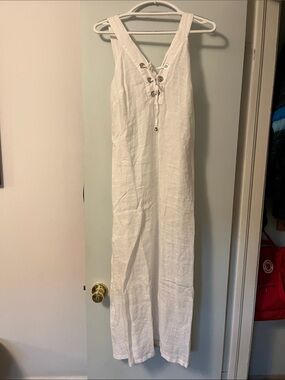 White Linen Maxi Dress with Lace-Up V-Neck